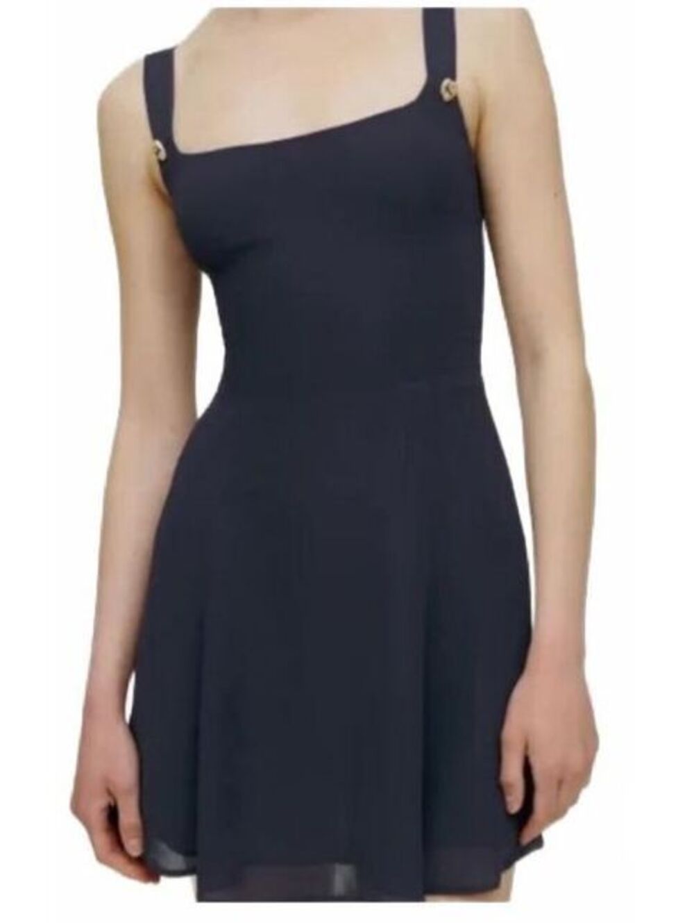 Reformation Tai Dress Size 12 Navy Blue Gold Heart Button Mini Dress Square Neck